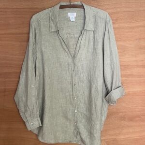 Sigrid Olsen 100% linen button up shirt 2X green roll tab sleeves minimalist